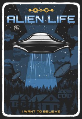 Geceleri evleri aydınlatan UFO posterleri var. Yıldızlı gökyüzünde bir uzay gemisi Dünya 'daki insan yaşamını keşfediyor. Dış uzaydan gelen yabancı grunge vintage kart, evren, yıldızlar ve gezegenler