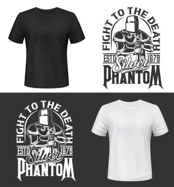 Şövalye ve kılıç maketli tişört izi, kask ve zırh giyen ortaçağ savaşçısı kulüp maskotu. Monokrom giysi tasarımı gümüş hayalet tipografi, izole edilmiş t-shirt baskısı veya etiket