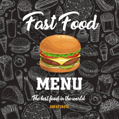 Fast food vektör menüsü, karikatür burger ve siyah karatahta arka planda fast food yemekleri. Sosisli sandviç, pizza ve sandviç, gazoz, patates kızartması ve tako atıştırmalıkları, ıvır zıvır yemek posteri.
