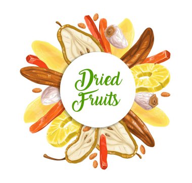 Kurutulmuş tatlı yuvarlak çerçeveli. Yarım armut dilimlenmiş, kuru muz ve hurma, papaya, mango ve beyaz kuru üzüm, ananas halkası çizim vektörü. Kurumuş tropikal meyve dükkanı, market afişi veya poster
