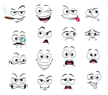 Yüz ifadesi izole edilmiş vektör simgeleri, puro içen komik çizgi film emojisi, göz kırpan ve üzgün, gülümseyen, kafası karışmış ve bıyıklı gözlük takan. Neşeli, sinirli ve dil ifadelerini göster
