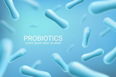 Probiyotik bakteri, laktobacillus asidophilus ve bifidobacterium lactis 3d vektör arkaplan. Mavi basil, iyi bakteriler ve mikroplar bifidobakterilerin mikroskobik görüntüsü, bağırsak flora probiyotikleri.
