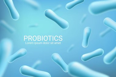 Probiotic bacteria, lactobacillus acidophilus and bifidobacterium lactis 3d vector background. Blue bacillus, good bacteriums and microbes microscopic view of bifidobacteria, gut flora probiotics clipart