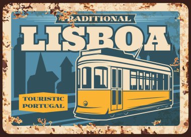 Portekiz seyahati, Lizbon tramvay metal plakası paslı, vektör retro posteri. Portekiz kültürü ve şehir simgeleri, geleneksel ve ulusal turizm sembolü Lizbon, Avrupa şehir seyahati sarı tramvay treni
