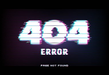 404 hata, sayfa hatalı efekt biçiminde bulunamadı, vektör çarpıtılmış yatay çizgiler ve koyu arkaplanda parlayan neon tipografi. Bakım altındaki web sitesi, kayıp internet bağlantısı