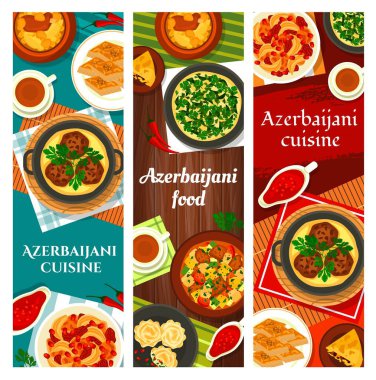 Azerbaycan besin vektör yemekleri ceviz baklava, şah pilav ve yahni ovrishta. Herb omlet kuku, tava kebabı, balık turtası kyata ya da kuzu sebze yahnisi, pirzola güveci, kuzu nohut güveci piti