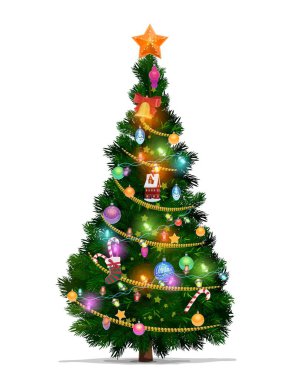 Çizgi film yıldızı, balo yıldızı ve yeni yıl hediyeli Noel ağacı. Noel ağacı ya da çam ağacı, Noel süsleriyle süslenmiş, parlayan ışıklar, bastonlar ve çoraplar, çan, kurdele ve yılan.