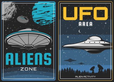 UFO uzaylıları ve uzay, evren gezegenleri, vektör vintage poster. Uzaylılar istila ve galaksi bilimi, gökyüzündeki kurgu hayatı, Ay 'daki UFO uzay gemisi, adam kaçırma ve uzaylılar saldırıyor.