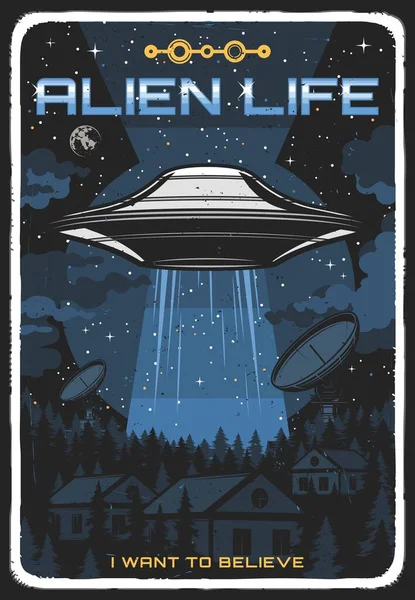 Cartel Retro Con Ufo Iluminar Casas Por Noche Platillo Alienígena — Archivo Imágenes Vectoriales