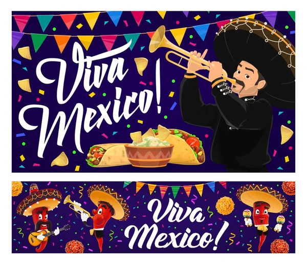 Comida Férias Mexicana Banners Mariachi Vector Viva México Red Chilli — Vetor de Stock