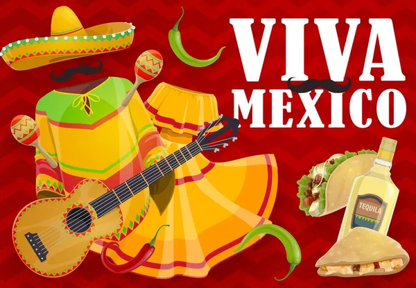 Viva Messico Cibo Festa Vestiti Festa Messicani Cappello Sombrero Vettoriale — Vettoriale Stock