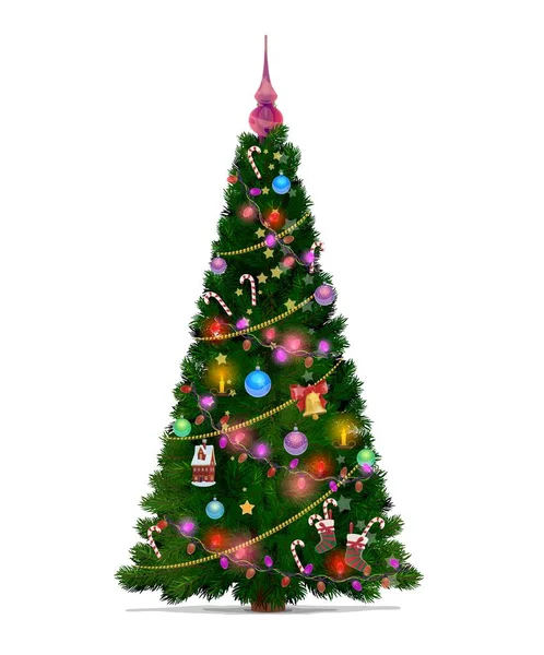 Vánoční Stromeček Kresleným Vektorem Dekorace Hvězd Dárky Míče Veselé Vánoce — Stockový vektor