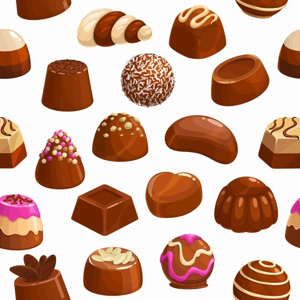 チョコレートキャンディーベクトルシームレスパターン 甘いデザート プラリネとチョコキャンディー ナッツやココアトッピング 濃い苦味とミルクバー 手作りチョコレートキャンディーパティスリーの品揃え 漫画のパターン — ストックベクタ