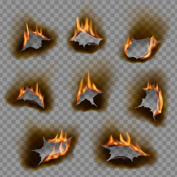 Trous Brûlants Feu Vectoriel Papier Brûlé Avec Des Bords Carbonisés — Image vectorielle