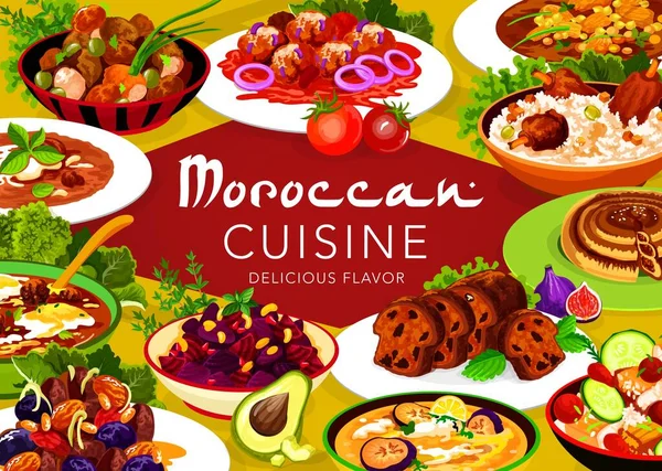Μαροκινή Κουζίνα Vector Meat Δαμάσκηνα Και Αμύγδαλο Ροδιού Παντζάρι Σαλάτα — Διανυσματικό Αρχείο