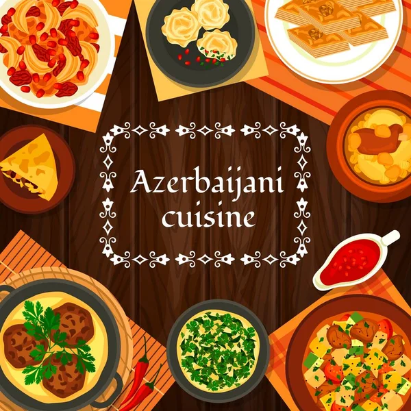 Aserbaidschanische Küche Vektor Shah Pilaf Hühnerkornelkirsche Eintopf Ovrishta Kräuteromelette Kuku — Stockvektor
