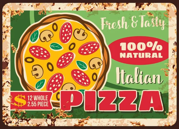Pizza Pizza Talyan Metal Tabak Paslı Menü Vektör Retro Poster — Stok Vektör