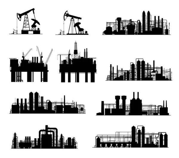 Silhouette Vettoriali Dell Industria Petrolifera Del Gas Impianti Raffinazione Del — Vettoriale Stock