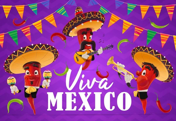 Mexicano Chile Pimienta Músico Vector Personajes Viva México Día Fiesta — Vector de stock