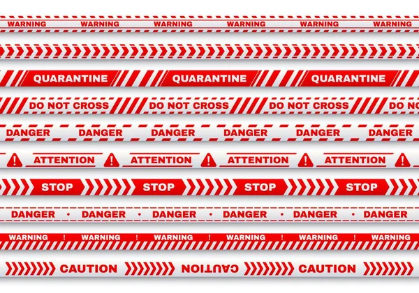 Vörös Biztonsági Figyelmeztetés Vektor Szalagok Tipográfia Karantén Vigyázat Lépje Veszély — Stock Vector