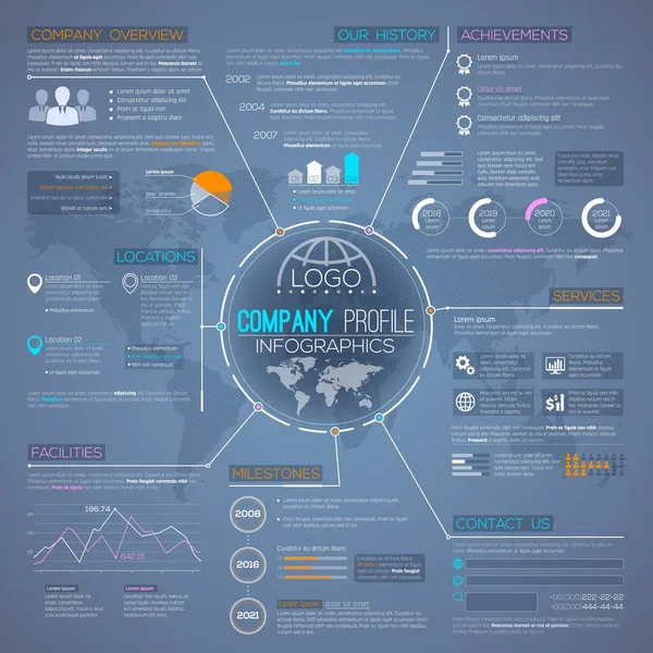 Übersicht Der Unternehmensprofile Infografiken Vektorvorlage Mit Geschäftsdiagrammen Und Diagrammen Kreisdiagramm — Stockvektor