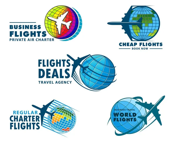 Vektorsymbole Für Flugzeugreisen Moderne Flugzeuge Himmel Flugreisen Lufttransport Luftfahrtgesellschaften Service — Stockvektor