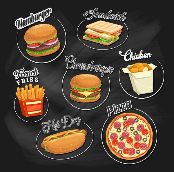 Фаст Фуд Векторные Иконы Гамбургер Сэндвич Куриные Наггетсы Пицца Салями — стоковый вектор