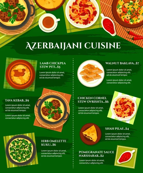 Kuchnia Azerbejdżańska Wektor Menu Kurczaka Kukurydza Gulasz Ovrishta Omlet Ziołowy — Wektor stockowy