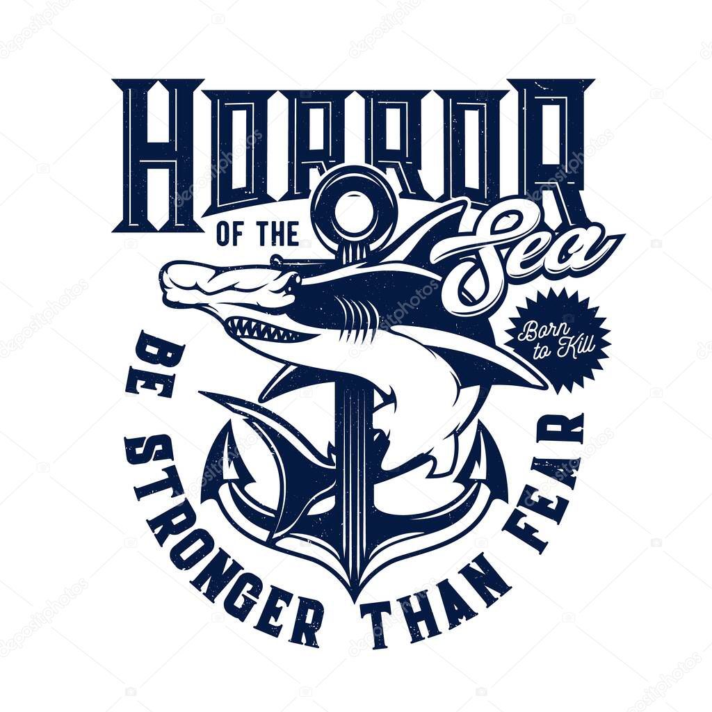 Tshirt print with hammer head shark and anchor vector mascot for marine club, sea predator animal and blue typography on white background. Ocean adventure team, shark t shirt emblem for apparel design