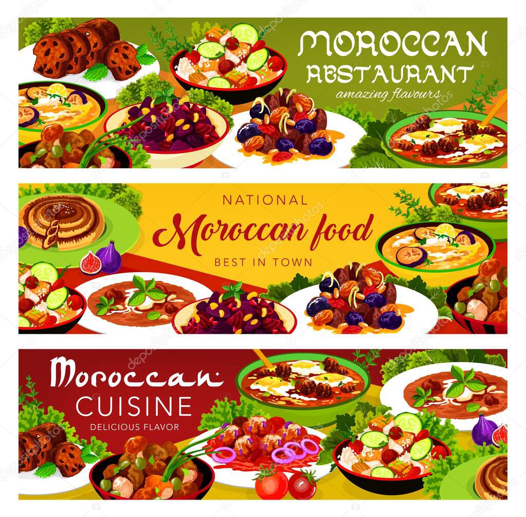 Moroccan food vector chicken soup, couscous salad with vegetables, Balkan cold eggplant soup. Payla, fishball with tomato sauce, pie with dates, meatballs with tomato paste and egg cuisine of Morocco
