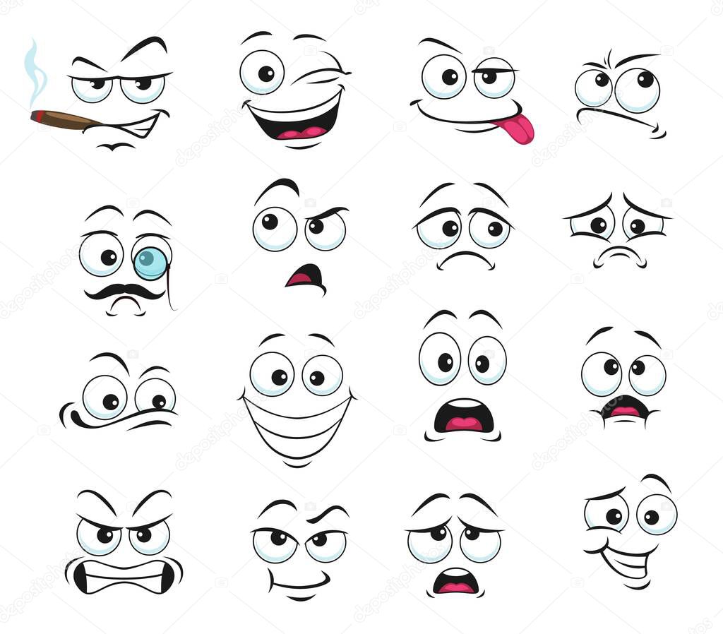 Face expression isolated vector icons, funny cartoon emoji smoking cigar, wink and sad, smiling, confused and wear monocle eyeglass with mustache. Cheerful, angry and show tongue face expressions set