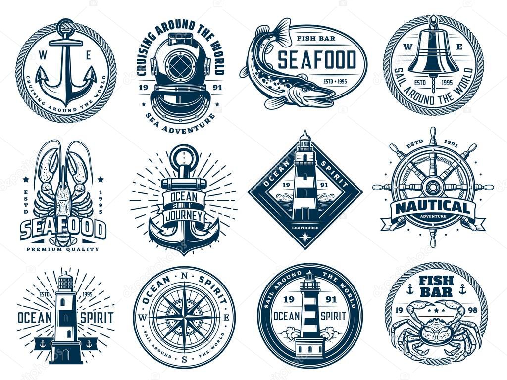 Nautical anchor, ship helm, lighthouse and fish, vector marine wave icons or t-shirt prints. Ocean sailing navigation compass, seafood bar lobster crab and retro aqualung sign for sea diving club