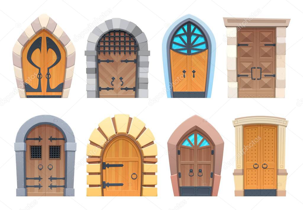 Cartoon gates and doors vector wooden and stone medieval or fairytale arched or rectangular entries. Palace or castle exterior design elements with forged and glass decoration and ring knobs set