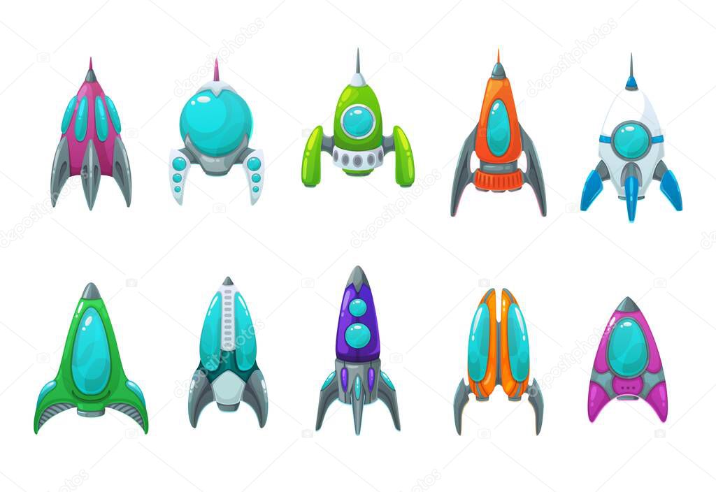 Rocket, space ship, spaceship and shuttle cartoon icons set of vector astronaut spacecraft, space technology and galaxy travel. Rocketship isolated objects with windows or portholes, fins and nozzles