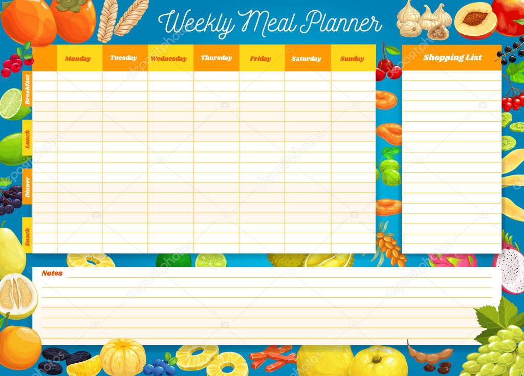 Weekly meal planner, vector timetable, week food plan organizer. Calendar menu for breakfast, lunch, dinner and snack with shopping list for grocery purchases. Diary template for personal dieting