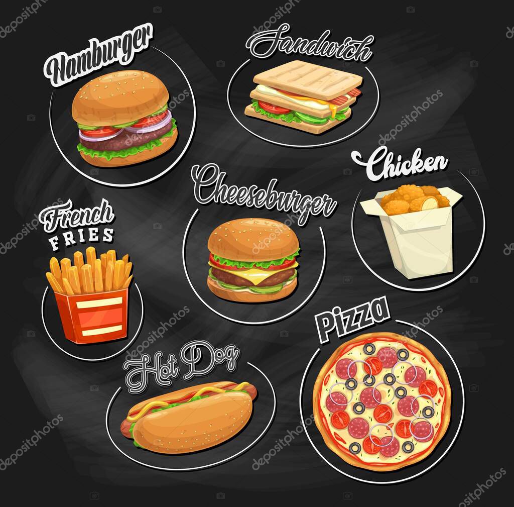 Fast food vector icons hamburger, sandwich or chicken nuggets, pizza with salami, hot dog and french fries with cheeseburger. Cartoon takeaway junk food isolated emblems on black chalkboard background
