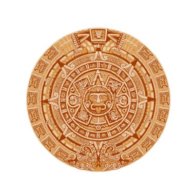 Maya takvimine göre antik Meksika yuvarlak taşında hiyeroglifler var. Aztek kültürü, din ve gelenek heykeli, astrolojik takvim beyaz arka planda izole edilmiş dili gösteriyor.