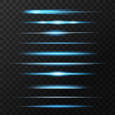 Işık yanıp sönüyor, parlıyor ya da parıldıyor, ışık vektör çizgileri. Lens ya da yıldız ışığı ışınlarının mavi ve neon parlaması. İzole edilmiş, yatay, ışıl ışıl ışıl ışıl ışıl ışıl ışıl ışıl ışıl ışıllar.