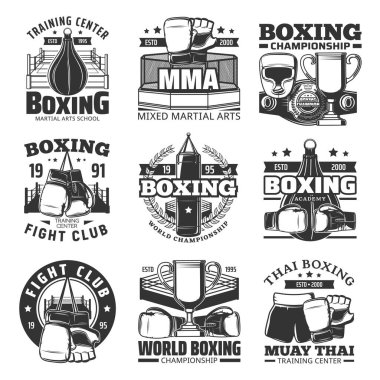 Muay thai boks tek savaş vektör simgeleri. Tayland kickboks dövüş sporları, muay thai boksörler kulübü ve eğitim merkezi, şampiyonluk kemeri, boks eldivenleri ve kum torbası işaretleri.