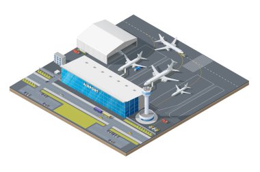 Pistte uçakları ve trafik kontrol kulesi olan Isome havaalanı binası. 3d vektör yolcu terminali altyapısı, havaalanı ön cephesi tesisleri ve ulaşım otobüsü, taksi vagonları ve yakıt kamyonları