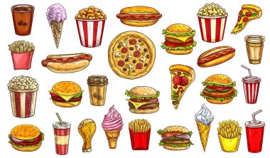 Fast food yemekleri, izole edilmiş vektör ikonları kahve, kola ve sosisli patlamış mısır. Pizza, çizburger ve dondurma, waffle külahında, tavuk budu, patates kızartması ve kolanın oymalı tabelası.