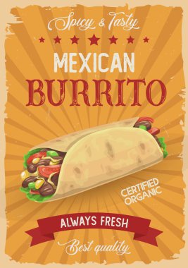 Meksika burrito vektör retro posteri, sıcak rulo, döner kebap ya da salata ve etli shawarma, klasik grunge tanıtım kartı. Meksika mutfağı aperatifi, sokak yemeği lokantası, fast food restoranı reklamı.