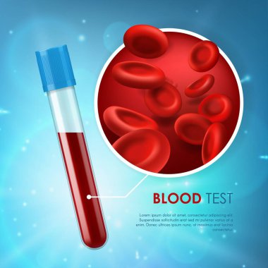 3 boyutlu kırmızı hücreli ve cam şişede kan olan kan testi ilaç posteri. Hemoglobin, hematoloji tıbbi yardım ve gerçekçi mikroskobik kan hücreleri damar veya arter kan dolaşımı, kardiyak sistem