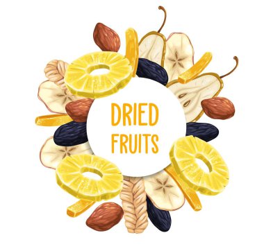 Kurutulmuş meyve posteri ya da çerçeve. Ananas yüzüğü, kuru erik ya da şekerli zencefil şeridi, armut dilimi, hurma ve kuru kavun eskiz vektörü. Kurumuş ve kristalize meyveli vejetaryen tatlı afişi.