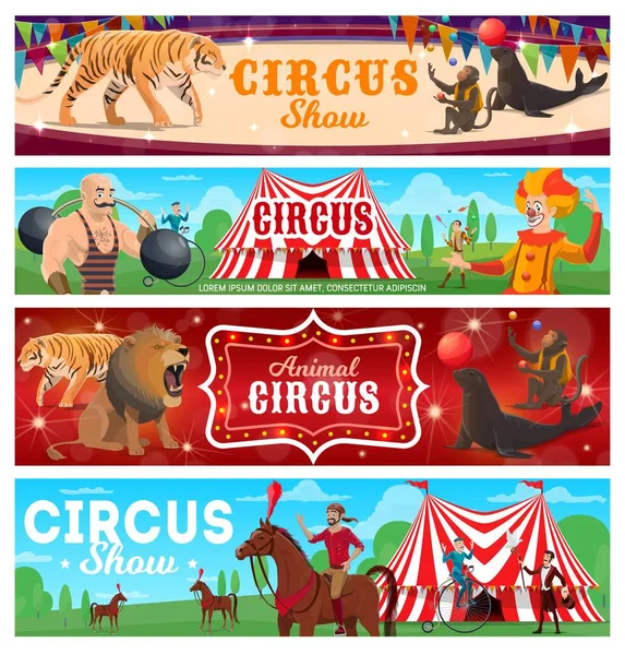 Circus Toont Artiesten Vector Banners Sterke Man Clown Jongleur Wilde — Stockvector