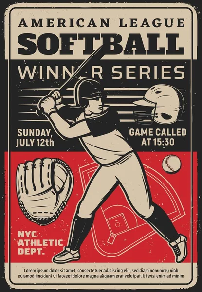 Jogador Softball Torneio Desportivo Vintage Grunge Vector Flyer Esportista Beisebol — Vetor de Stock