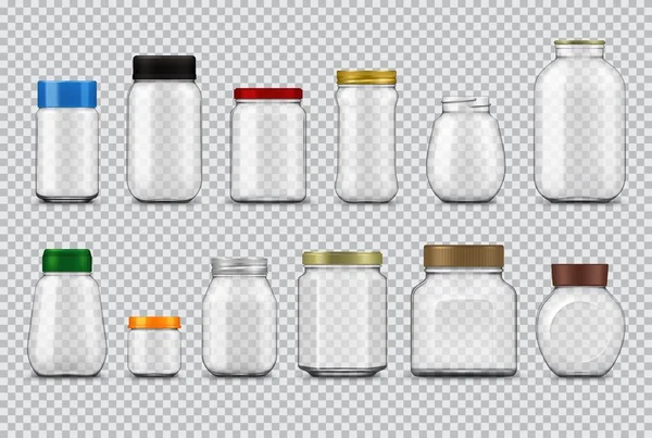 玻璃瓶与盖子现实的模型 病媒食品包 空的透明瓶罐和透明罐 装有金属和塑料螺杆盖 食品罐和食品贮存器设计3D模板 — 图库矢量图片