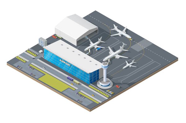 Isometric airport building with airplanes on runway and traffic control tower. 3d vector passenger terminal infrastructure, airport facade with facilities and transport bus, taxi cars and fuel trucks