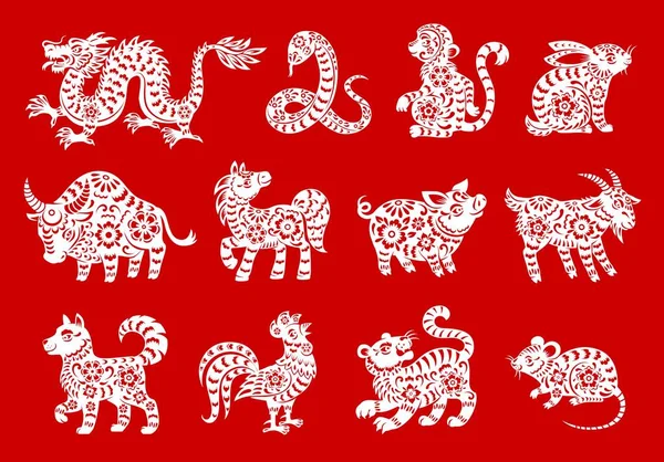 Символы Зодиака Китайского Гороскопа Векторный Дизайн Животных Лунная Новогодняя Бумага — стоковый вектор