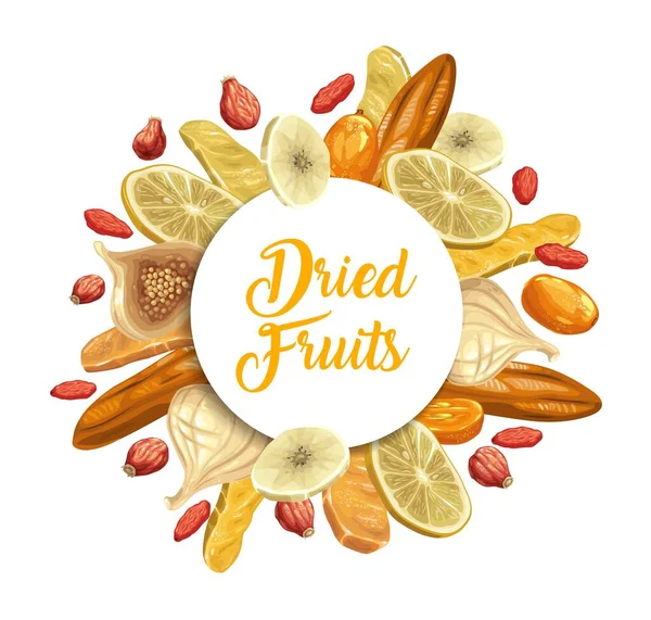 Banner Redondo Frutas Tropicales Secas Rebanada Limón Mango Cornejo Kumquat — Archivo Imágenes Vectoriales